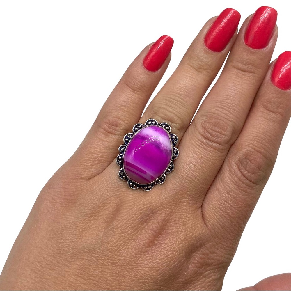 New Pink Botswana Agate Artisan Ring in 925 Sterling Silver Overlay setting.